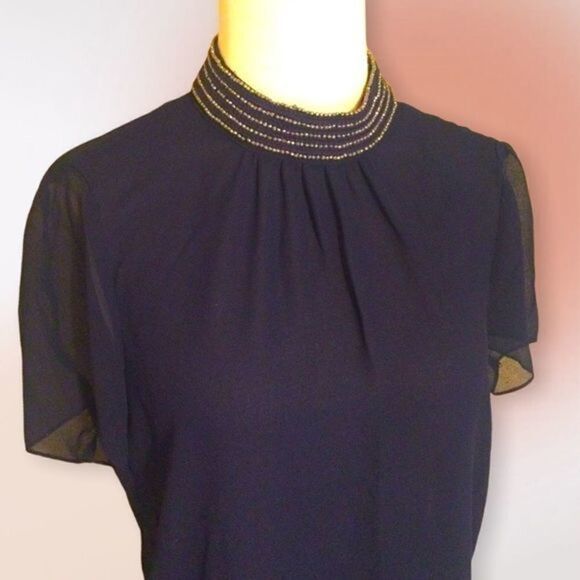 Zara Trafaluc Dark Navy Blue Beaded Semi Sheer Top S - Picture 3 of 10